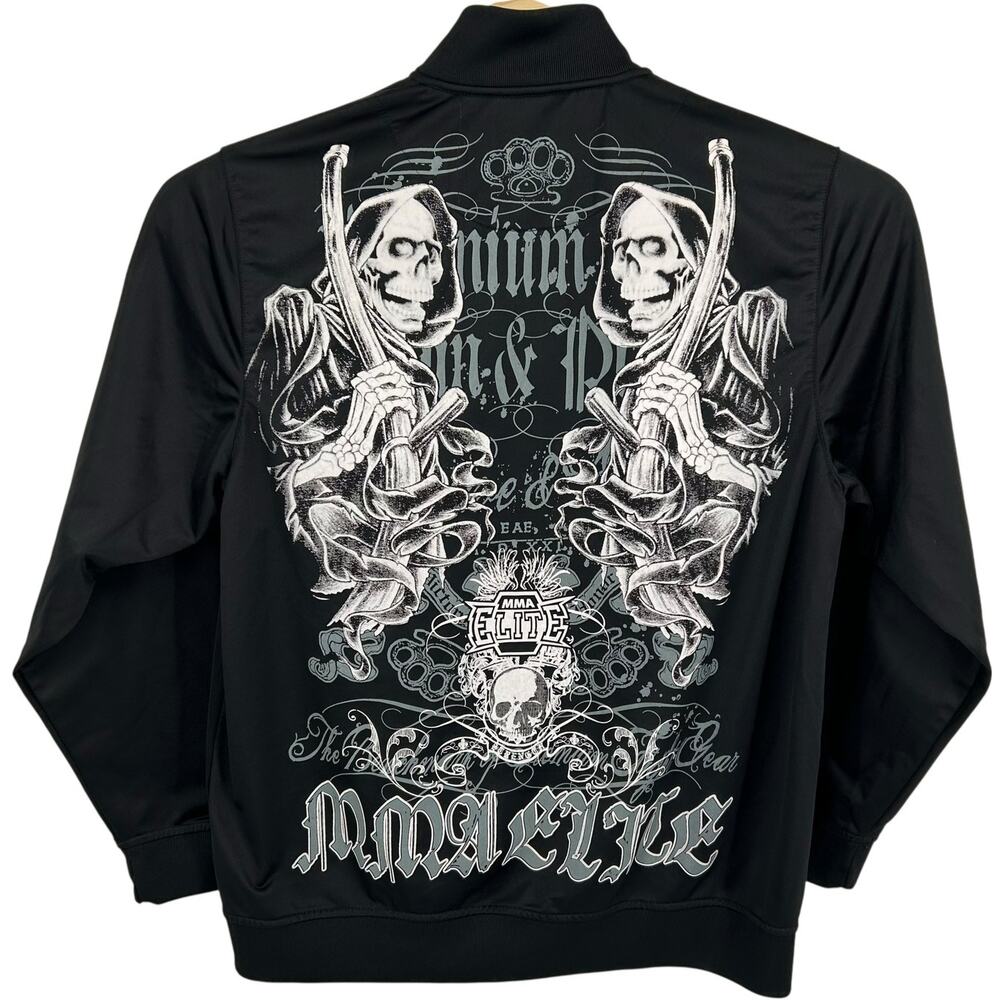 VTG y2k Men's Black White MMA Elite Grim Reaper Skull Full Zip Sweatshirt Sz L